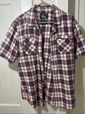 LRG Men's Short Sleeve Plaid Button-Down Shirt - Navy/Red/White